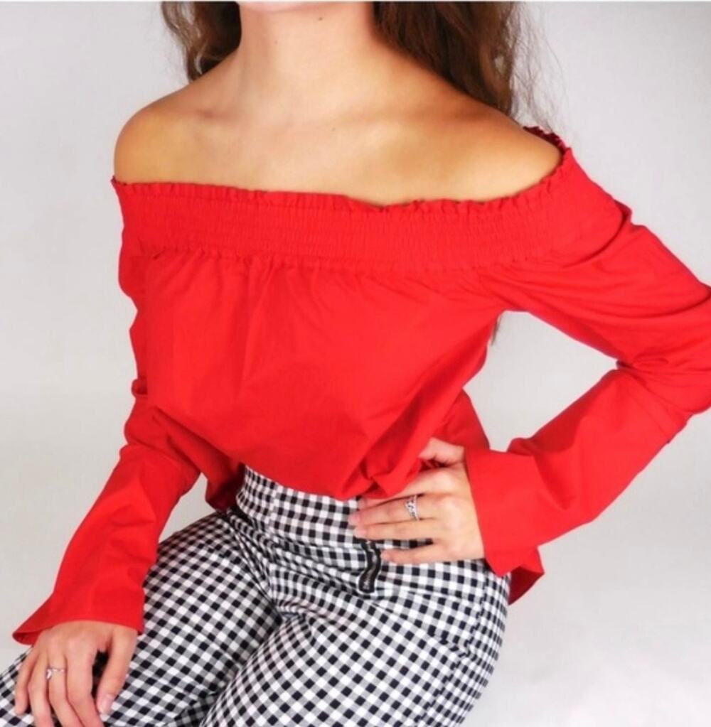 Derek Lam 10 Crosby Off the Shoulder Top Cherry Red 6